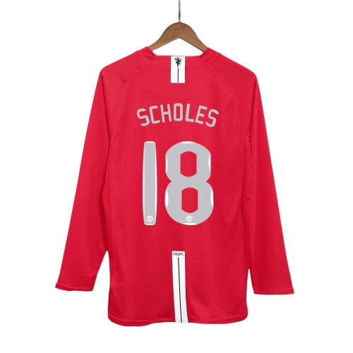 Manchester United SCHOLES #18 Home Soccer Jersey Retro 2007/08 - Long Sleeve (UCL Final)